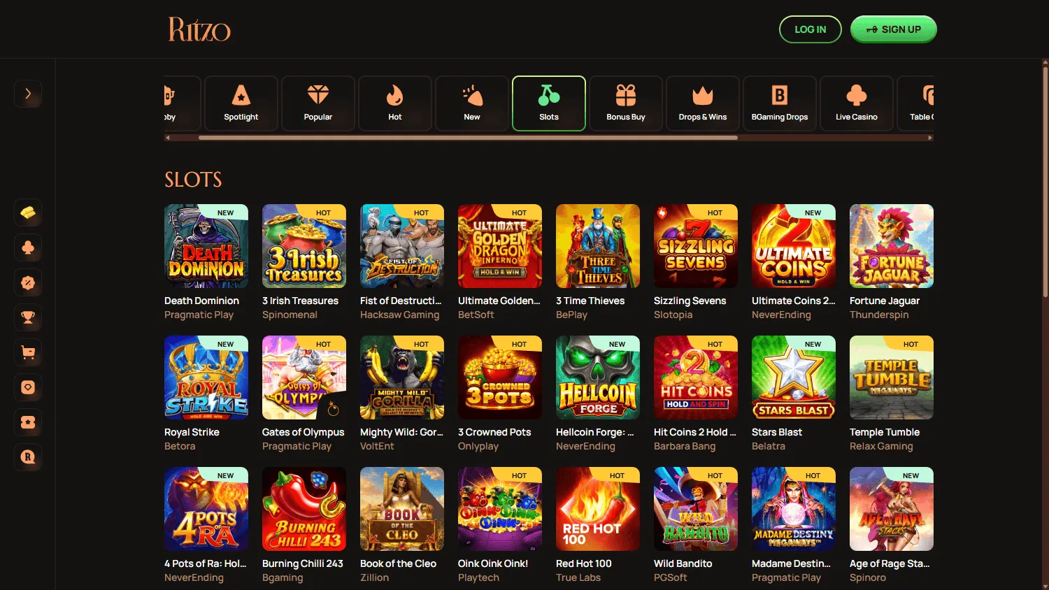 Ritzo Casino game selection on a desktop screen