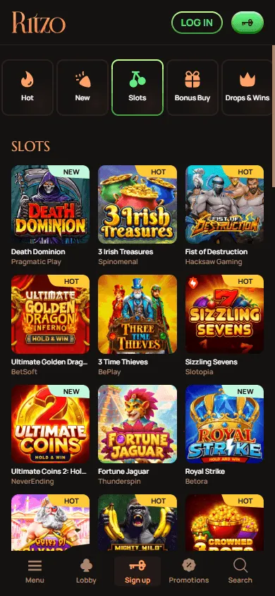 Ritzo Casino games viewed through a mobile browser
