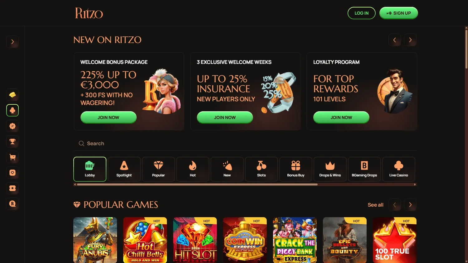 Ritzo Casino home experience on a desktop screen
