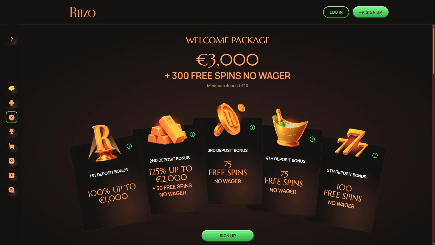 Ritzo Casino promotions area on a desktop screen