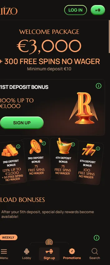 Ritzo Casino promotions viewed through a mobile browser