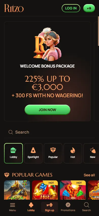 Ritzo Casino responsive browser experience on a mobile device